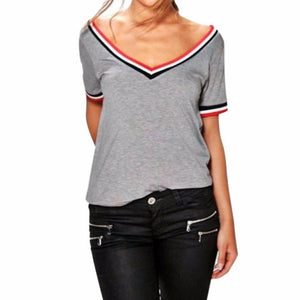 Fashion Women's T-shirts Ladies Casual Patchwork Short Sleeve V Neck Rib Detail T-Shirt Tee Top#LSN