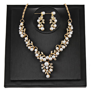 Pearl Rhinestone Necklace + Earrings