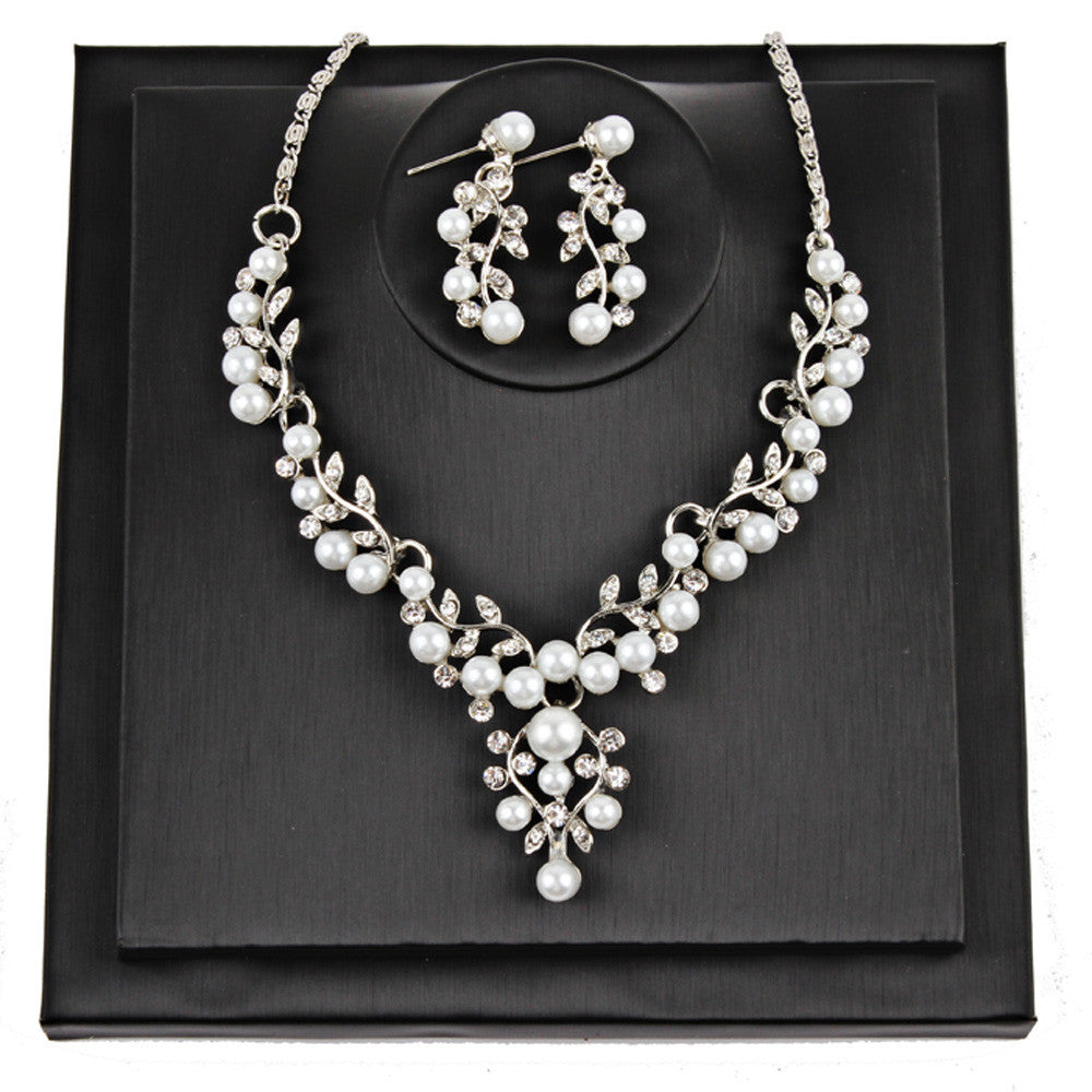 Pearl Rhinestone Necklace + Earrings