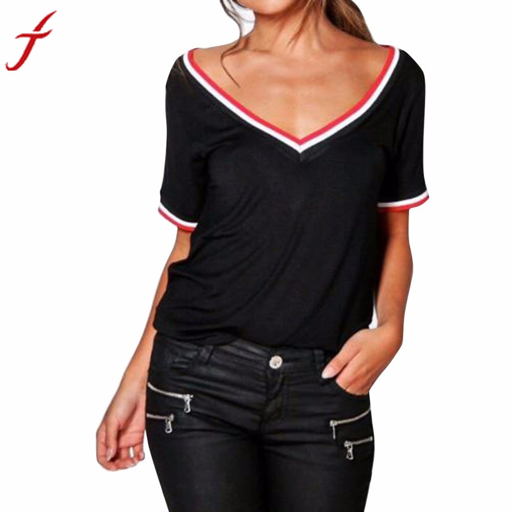 Fashion Women's T-shirts Ladies Casual Patchwork Short Sleeve V Neck Rib Detail T-Shirt Tee Top#LSN