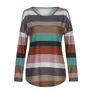 Women Rainbow Striped Long Sleeve Tops Strapless Blouse T Shirt