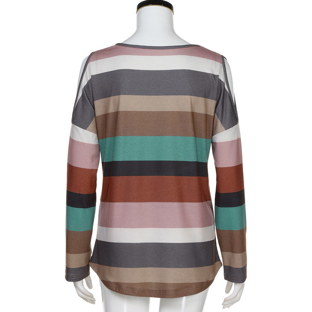 Women Rainbow Striped Long Sleeve Tops Strapless Blouse T Shirt