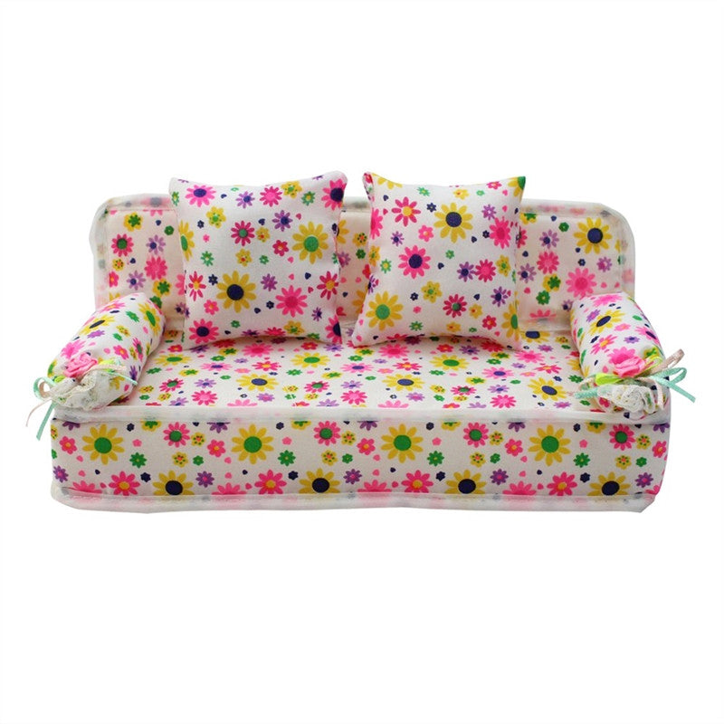 Lovely Miniature Furniture Flower Print Sofa Couch with 2 Cushions for Barbie Flower