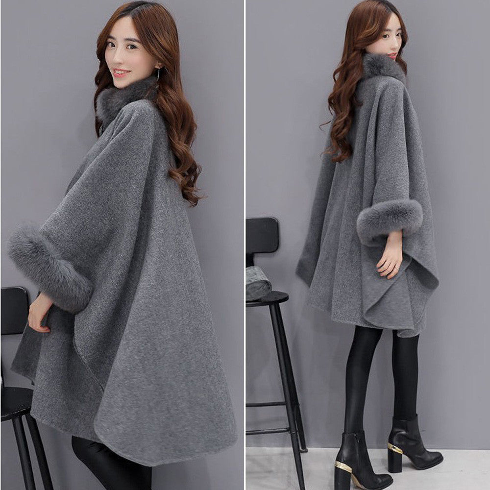 Fashion Women Jacket Casual Woollen Outwear Fur Collar Parka Cardigan Cloak Coat