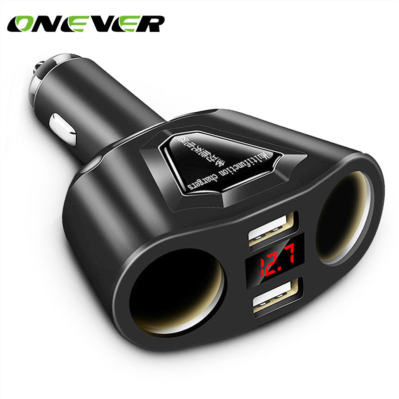 Onever 3.1A Dual USB Car Charger with 2 Cigarette Lighter Sockets 120W Power Support Display Current Volmeter for Phone GPS DVR