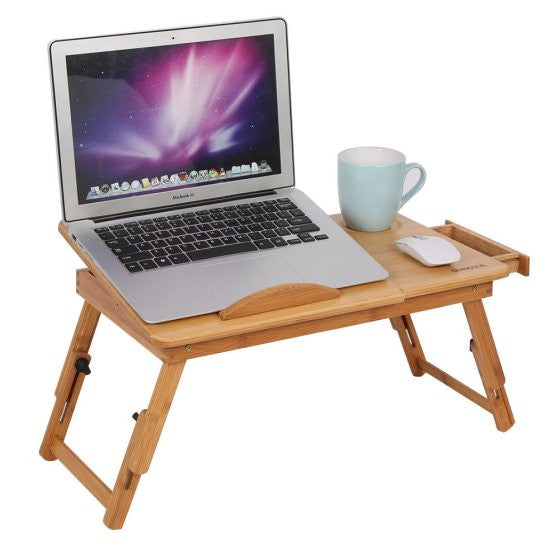 Adjustable Natural Bamboo Laptop Desk Laptop Stand Breakfast Serving Bed Tray with Tilting Top Drawer Up to 15in Folding Bed Tab